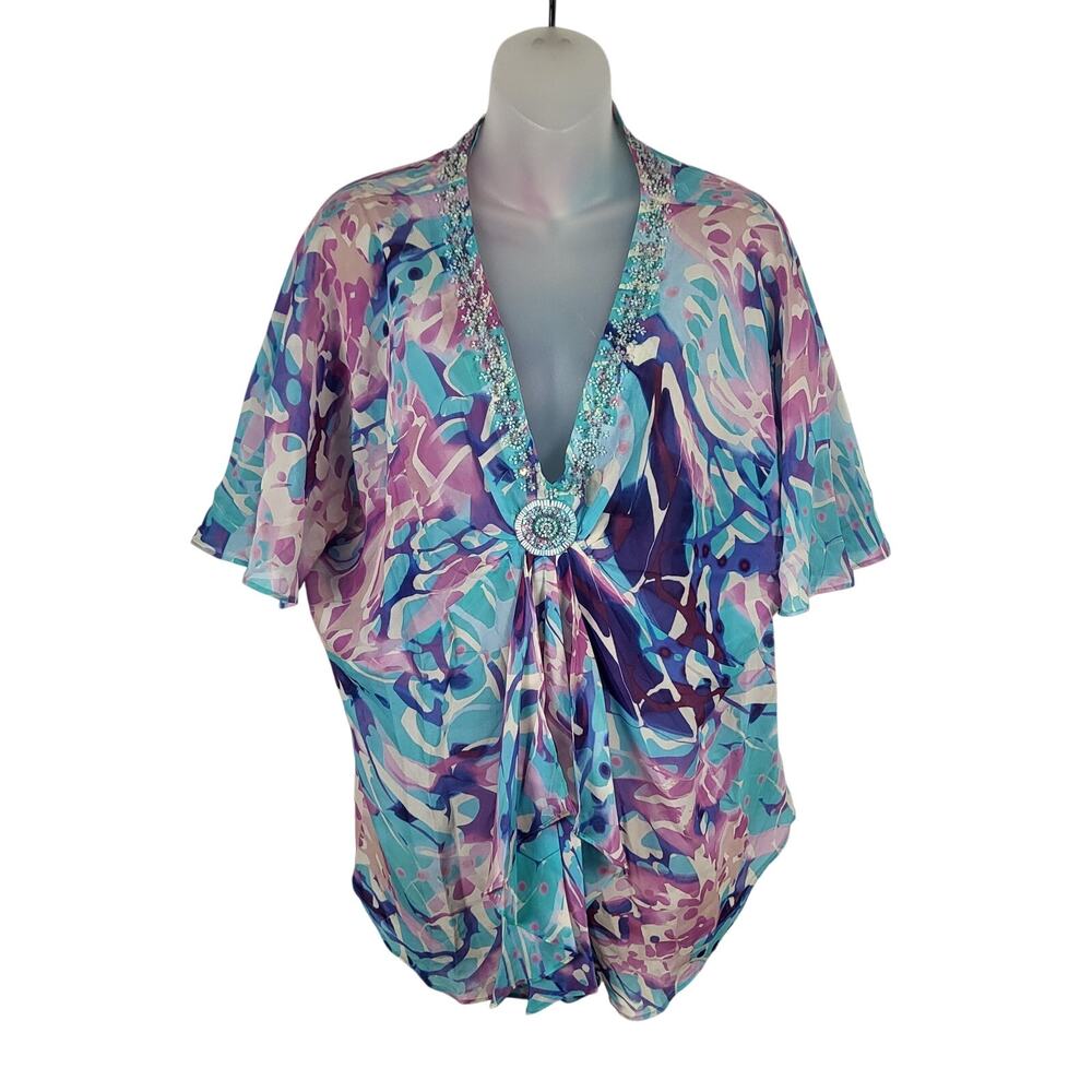 Robert Graham Blue Beaded Silk Floral V-Neck Top Blouse Women's XL